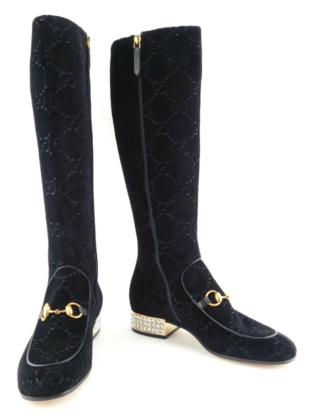 New GUCCI Horse Bit GG Logo Monogram Velvet Crystal Block Heel Boots 37